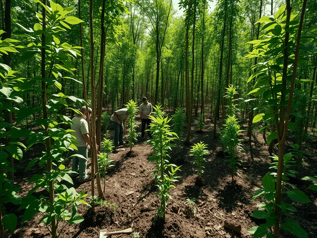 A group of volunteers planting trees as part of a habitat restoration project, focusing on reforestation efforts in a local forest area. The image should convey community involvement and environmental conservation.