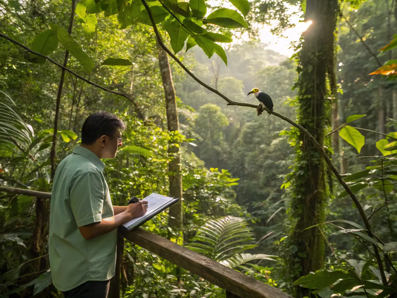 A scientist studying a rare bird species in its natural habitat, emphasizing the importance of biodiversity and species protection. The image should convey the scientific aspect of wildlife conservation.