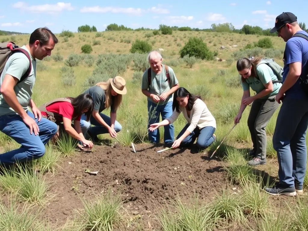 A photograph depicting volunteers planting trees as part of a reforestation effort in the Brette region, showcasing habitat restoration activities.