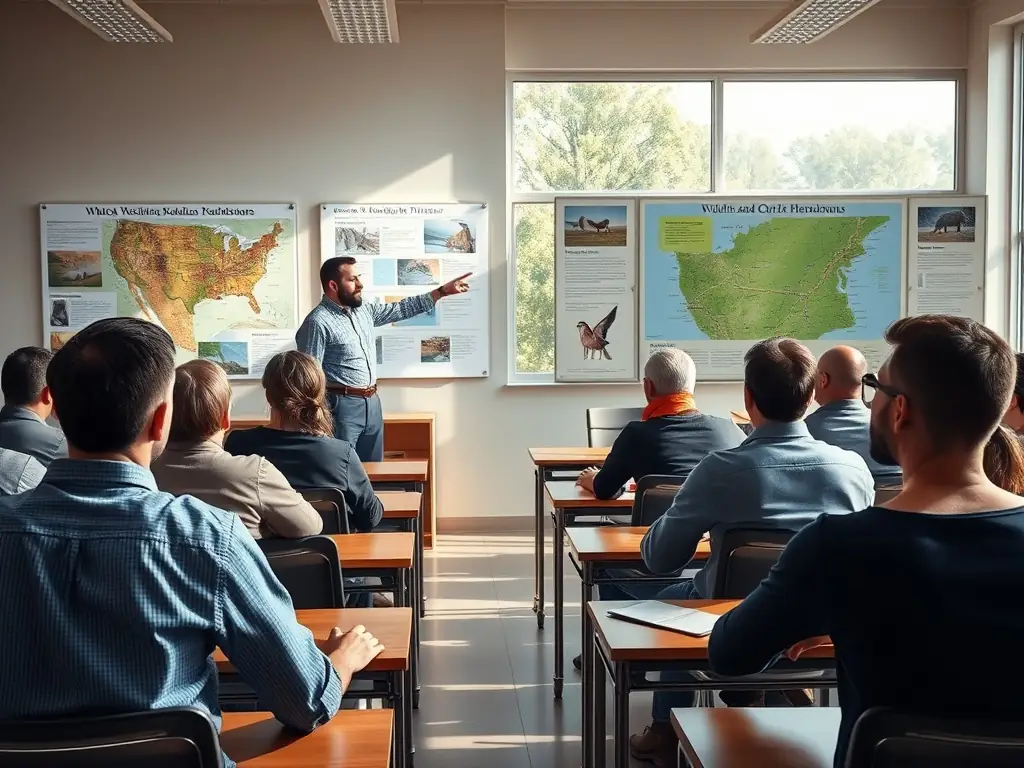 A classroom setting where instructors are teaching a group of local hunters about ethical hunting practices and wildlife management techniques. The image should highlight the educational aspect and community engagement.