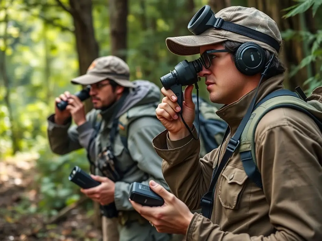 A serene image of conservationists working in a forest, monitoring wildlife and assessing habitat conditions, symbolizing the organization's commitment to wildlife management and conservation.