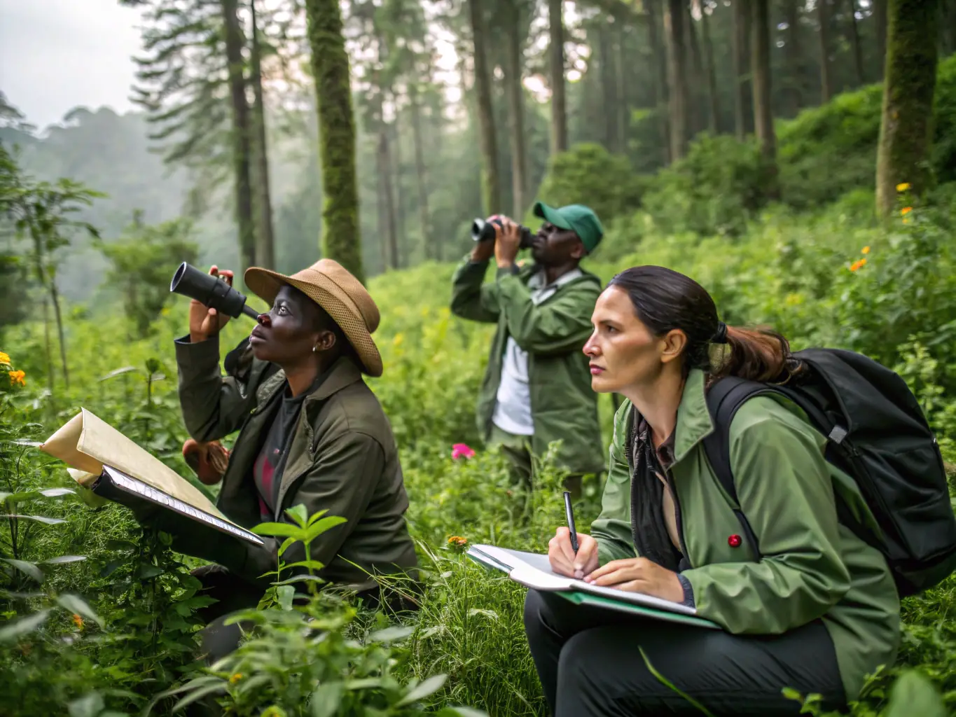 A photograph illustrating scientists and community members working together to monitor and protect endangered species in the Brette region.