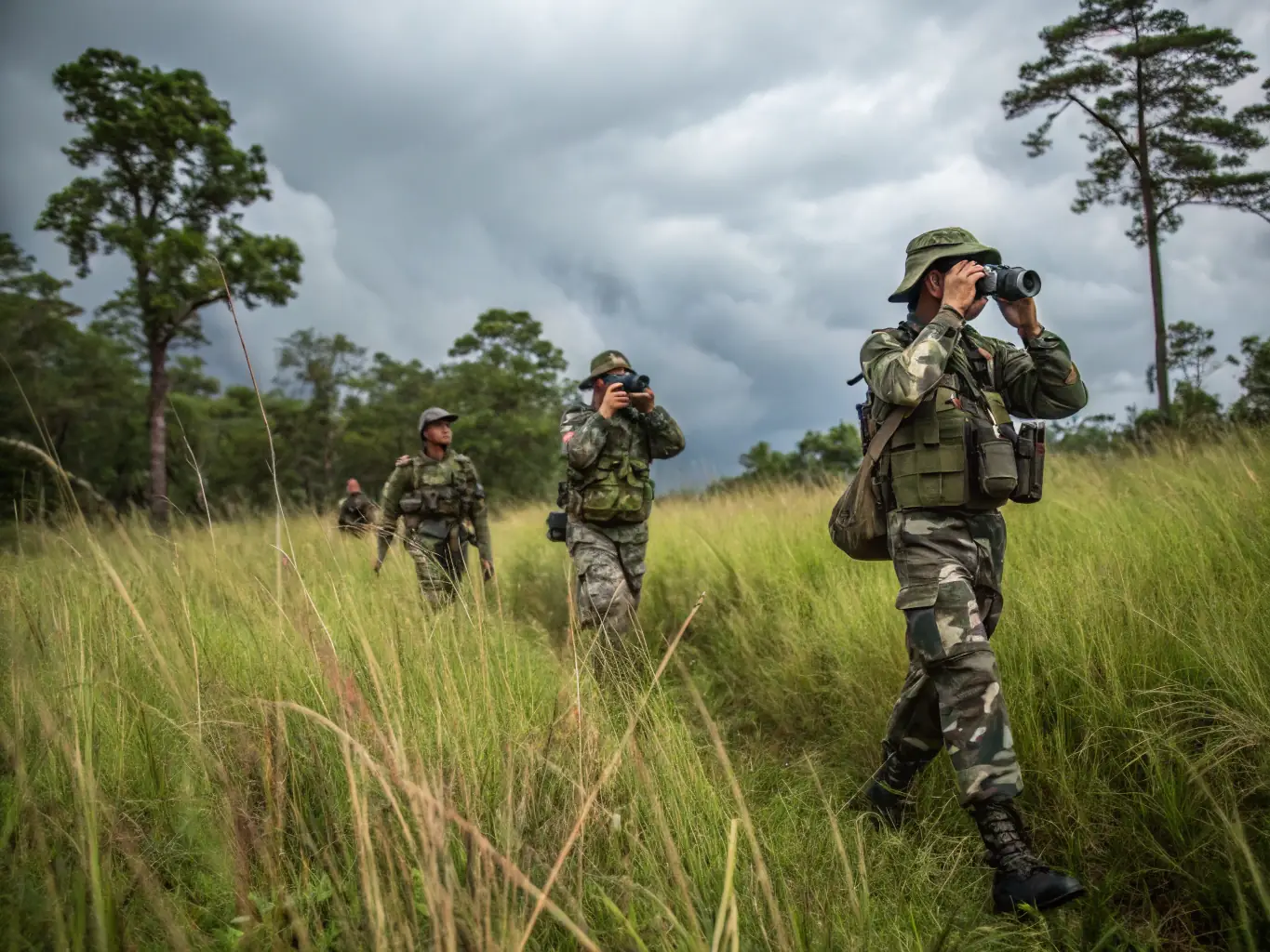 A dynamic image of rangers patrolling a protected area, equipped to prevent poaching and safeguard wildlife, highlighting the organization's dedication to anti-poaching efforts.